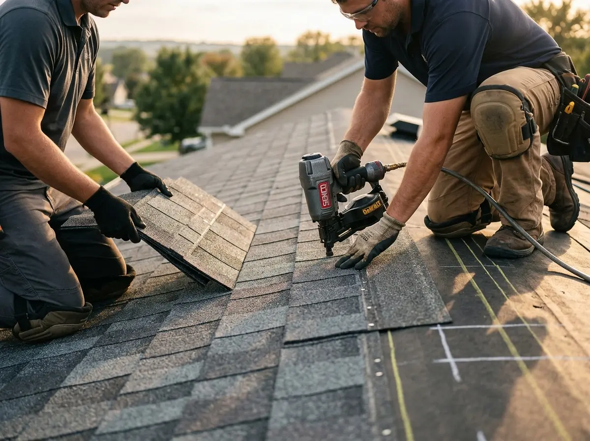 Professional roofer working on a residential roof in Lucerne Valley